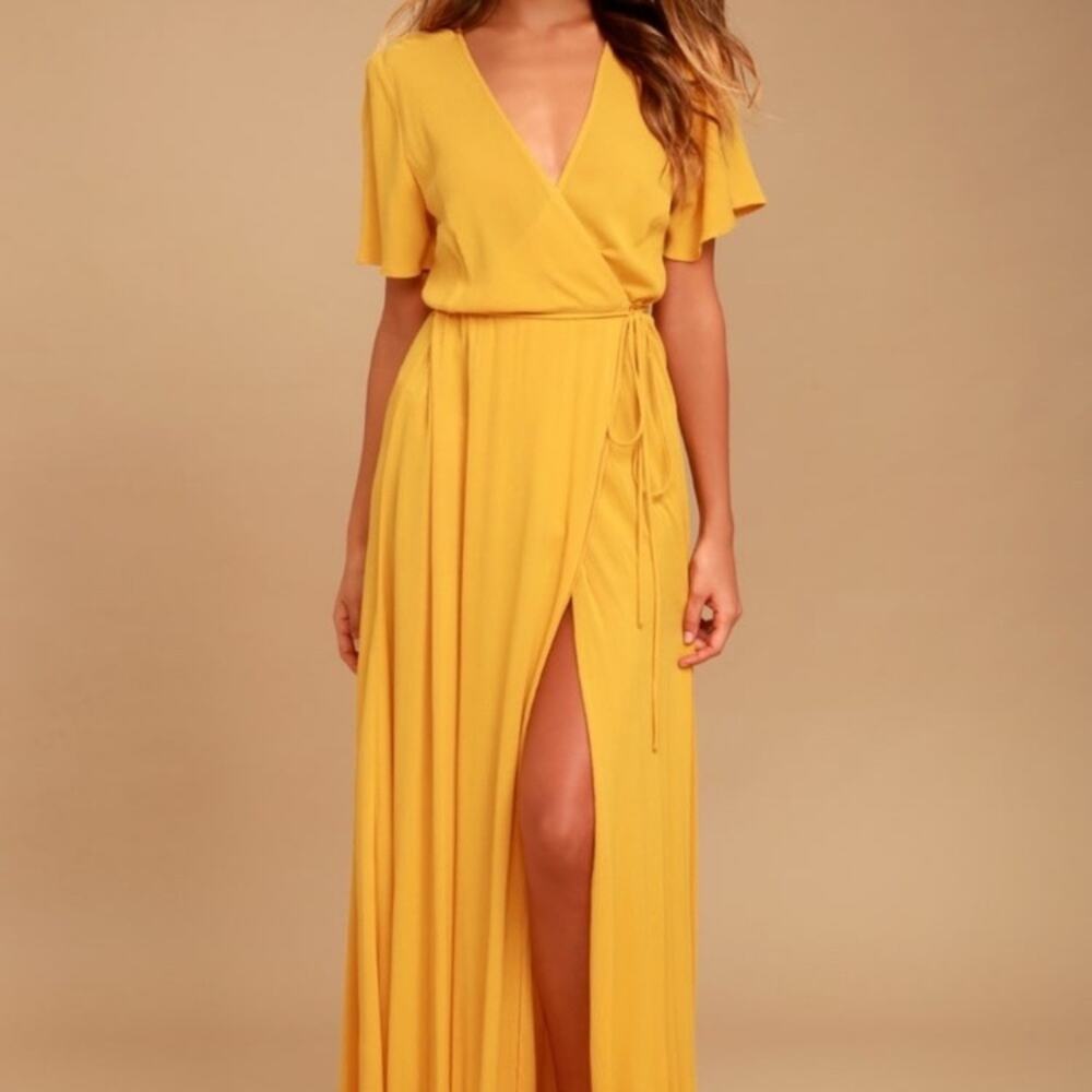 Lulus Much Obliged Golden Yellow Wrap Maxi Dress